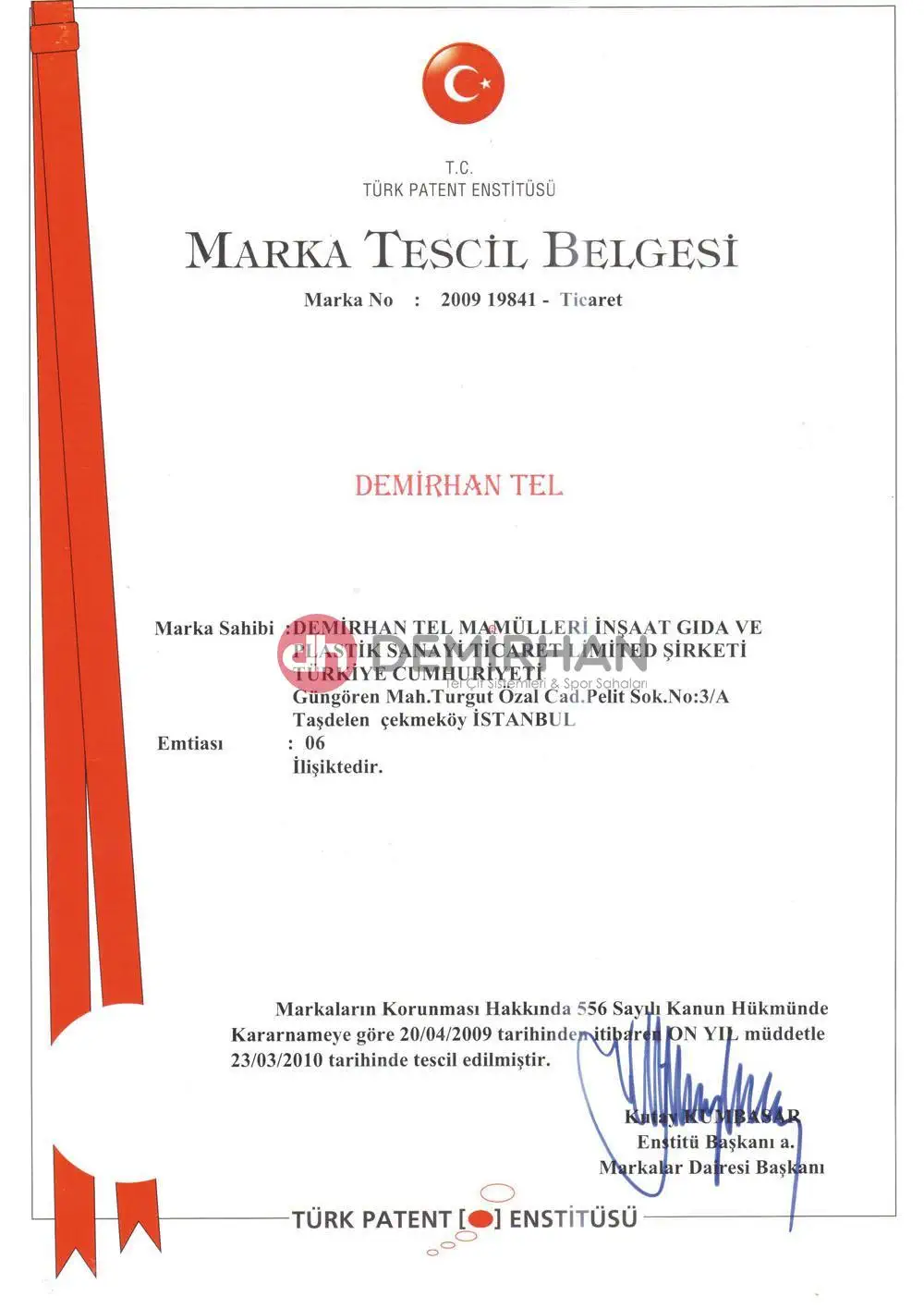 Marka Tescil Belgesi — Türk Patent ve Marka Kurumu sertifikası — Demirhan Panel Çit